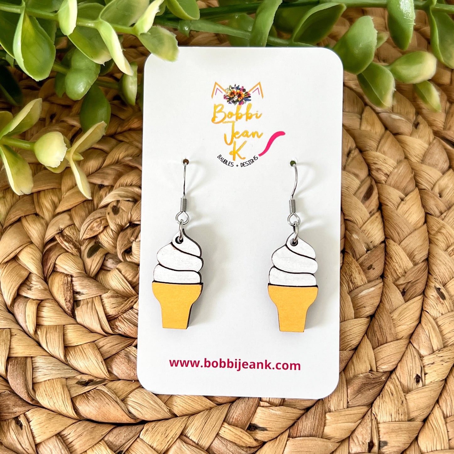 Ice Cream Cone Hand Painted Wood Dangles or Studs