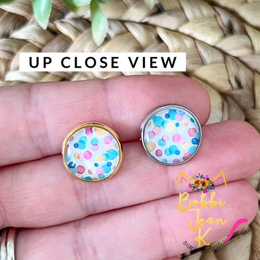 Watercolor Dots Glass Studs 12mm: Choose Silver or Gold Settings