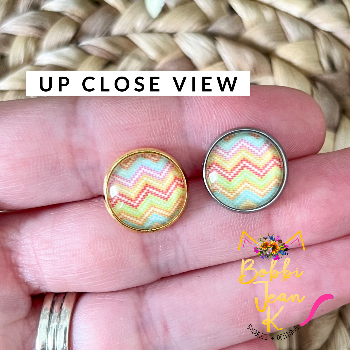 Beach Chevron Glass Studs 12mm: Choose Silver or Gold Settings