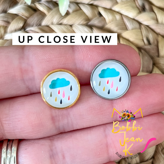 Colorful Raincloud Glass Studs 12mm: Choose Silver or Gold Settings - LAST CHANCE