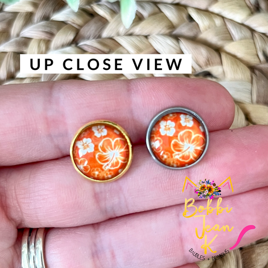 Orange Hawaiian Floral Glass Studs 12mm: Choose Silver or Gold Settings - LAST CHANCE