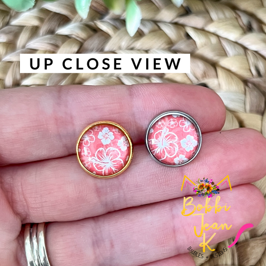 Melon Hawaiian Floral Glass Studs 12mm: Choose Silver or Gold Settings - LAST CHANCE