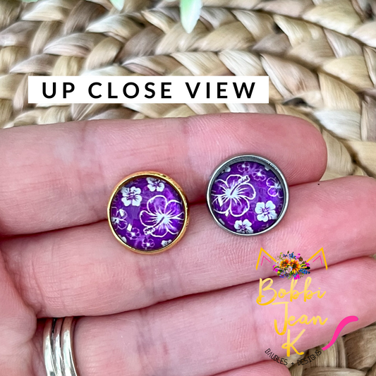 Purple Hawaiian Floral Glass Studs 12mm: Choose Silver or Gold Settings - ONLY ONE LEFT