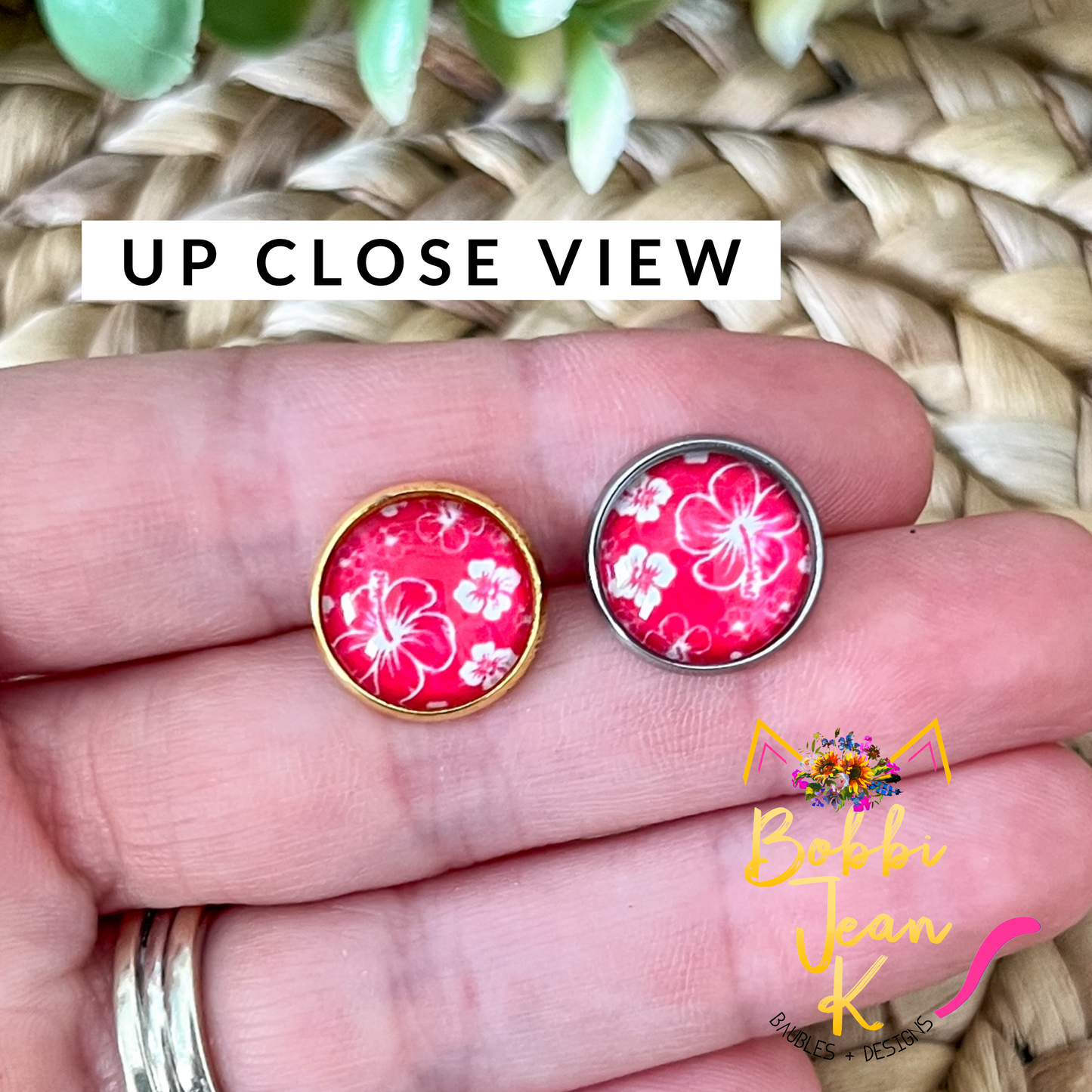 Rose Hawaiian Floral Glass Studs 12mm: Choose Silver or Gold Settings - LAST CHANCE