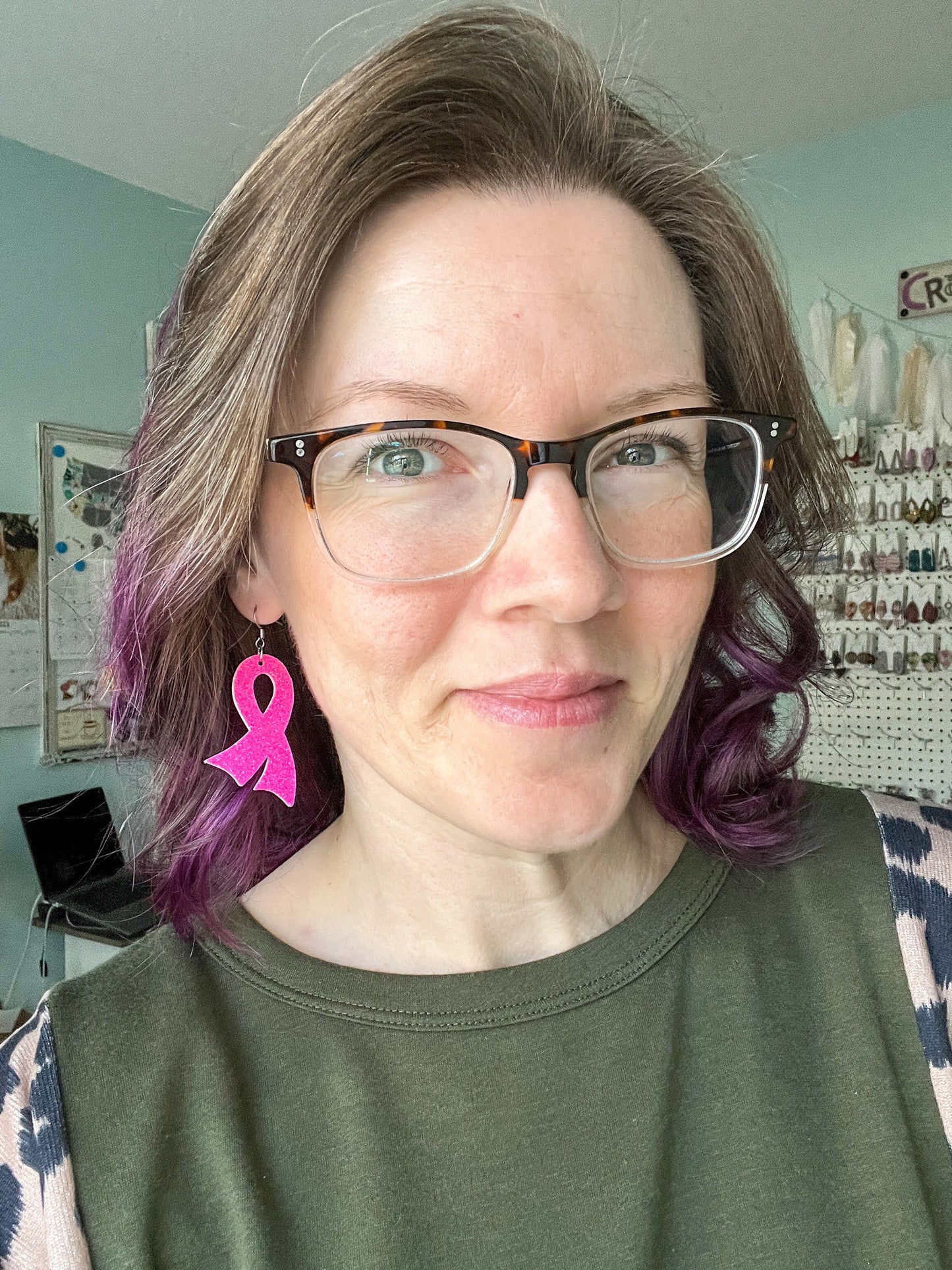 Hot Pink Infused Glitter "Flared" Awareness Ribbon Earrings: Breast Cancer