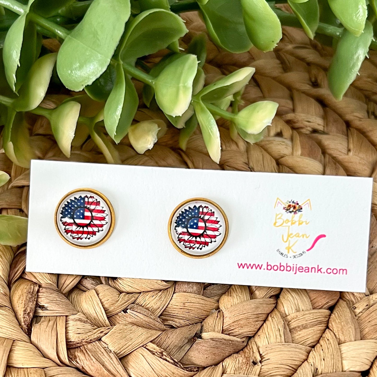 Americana Sunflower Glass Studs 12mm: Choose Silver or Gold Settings - LAST CHANCE