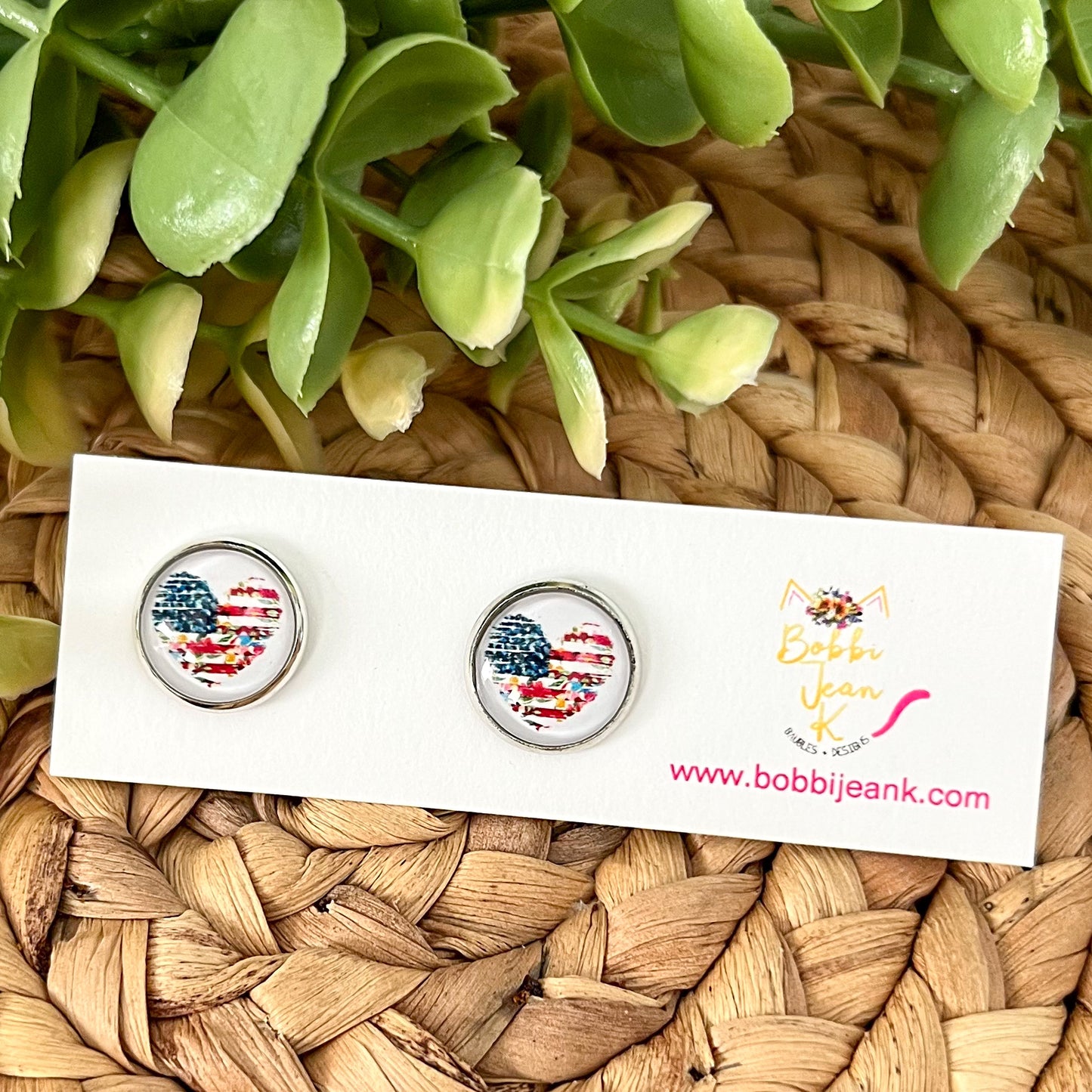 Patriotic Floral Heart Glass Studs 12mm: Choose Silver or Gold Settings