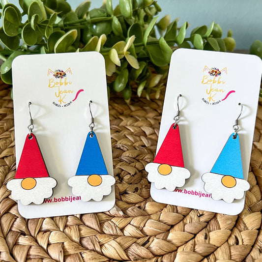 Hand Painted Gnome Wood Earrings: Choose from 2 Color Options