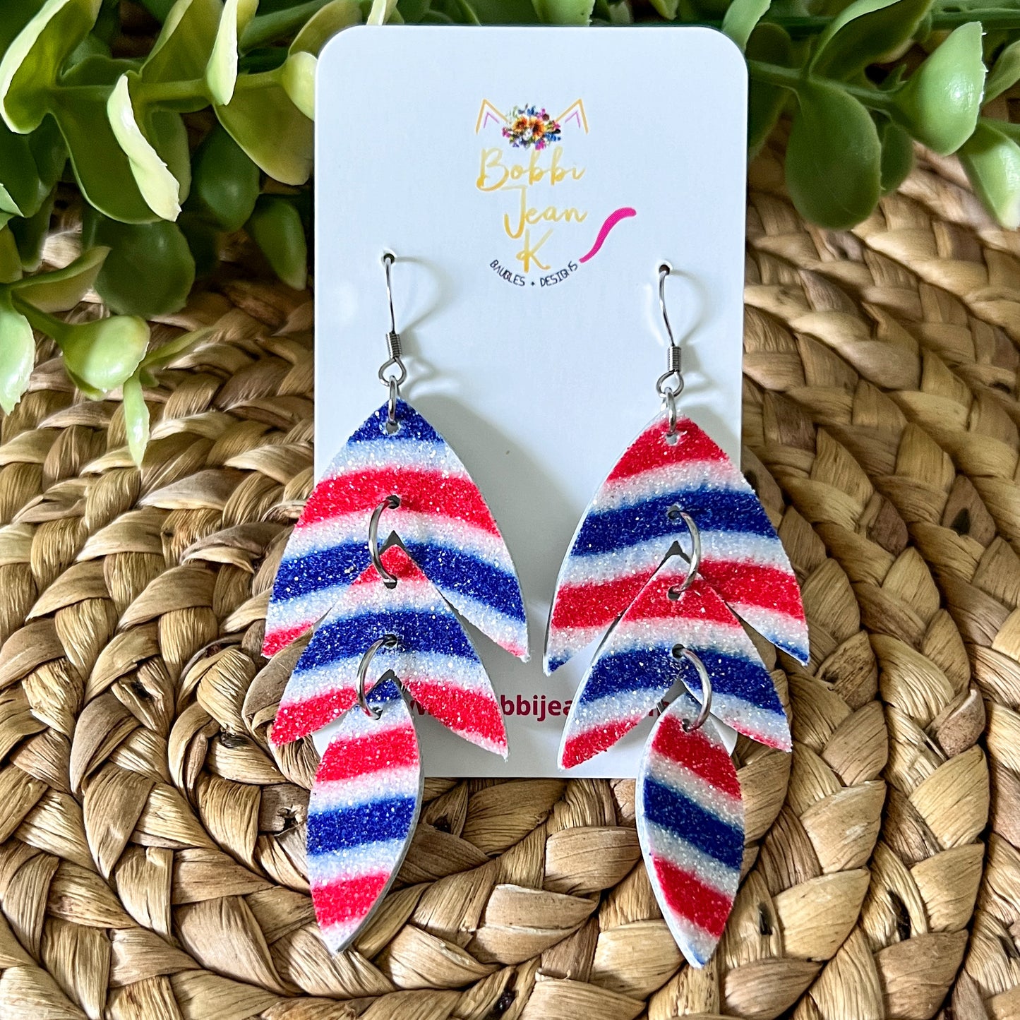 Red, White, & Blue Swirled Infused Glitter Leather Earrings: Choose from 2 Styles