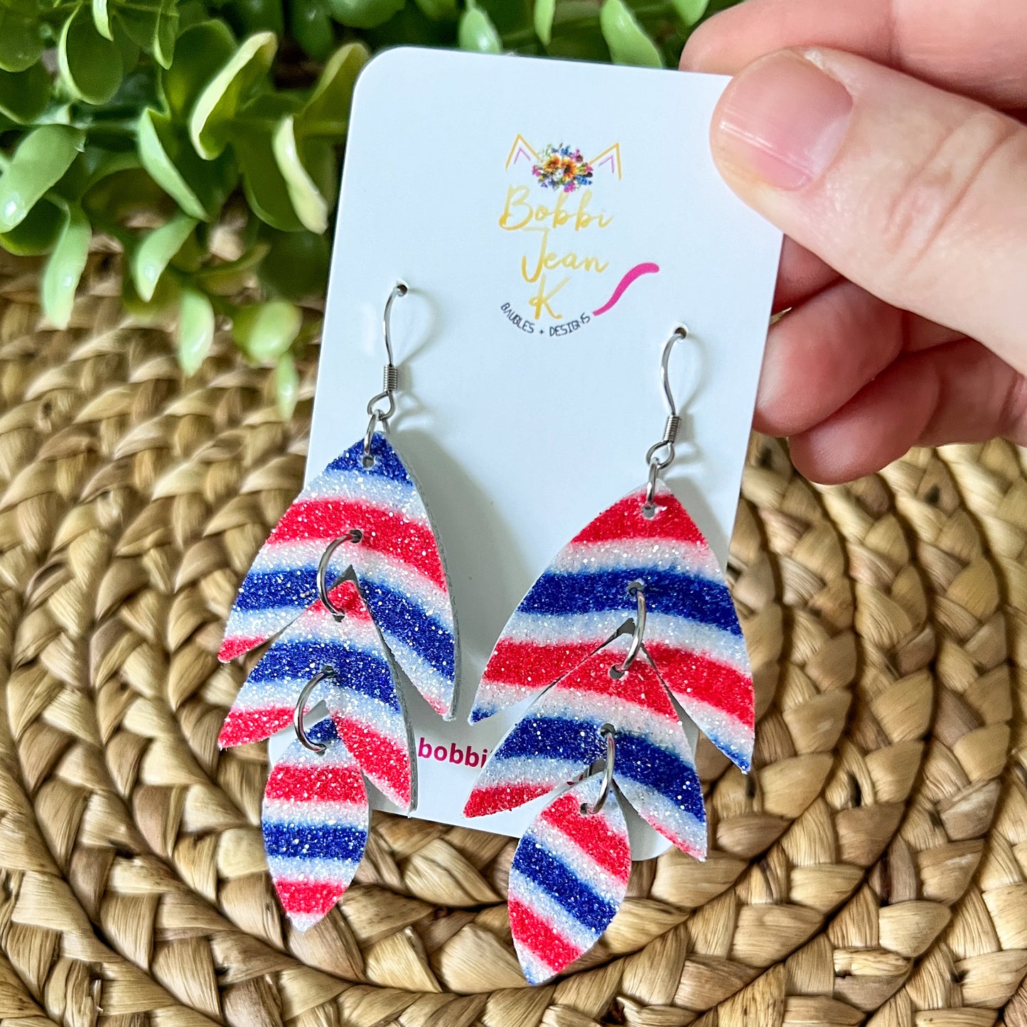 Red, White, & Blue Swirled Infused Glitter Leather Earrings: Choose from 2 Styles