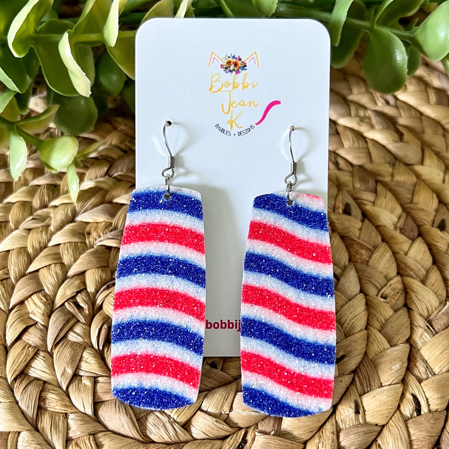 Red, White, & Blue Swirled Infused Glitter Leather Earrings: Choose from 2 Styles