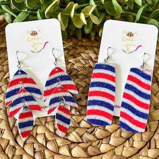 Red, White, & Blue Swirled Infused Glitter Leather Earrings: Choose from 2 Styles