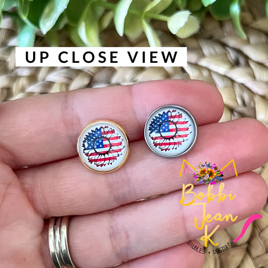 Americana Sunflower Glass Studs 12mm: Choose Silver or Gold Settings - LAST CHANCE