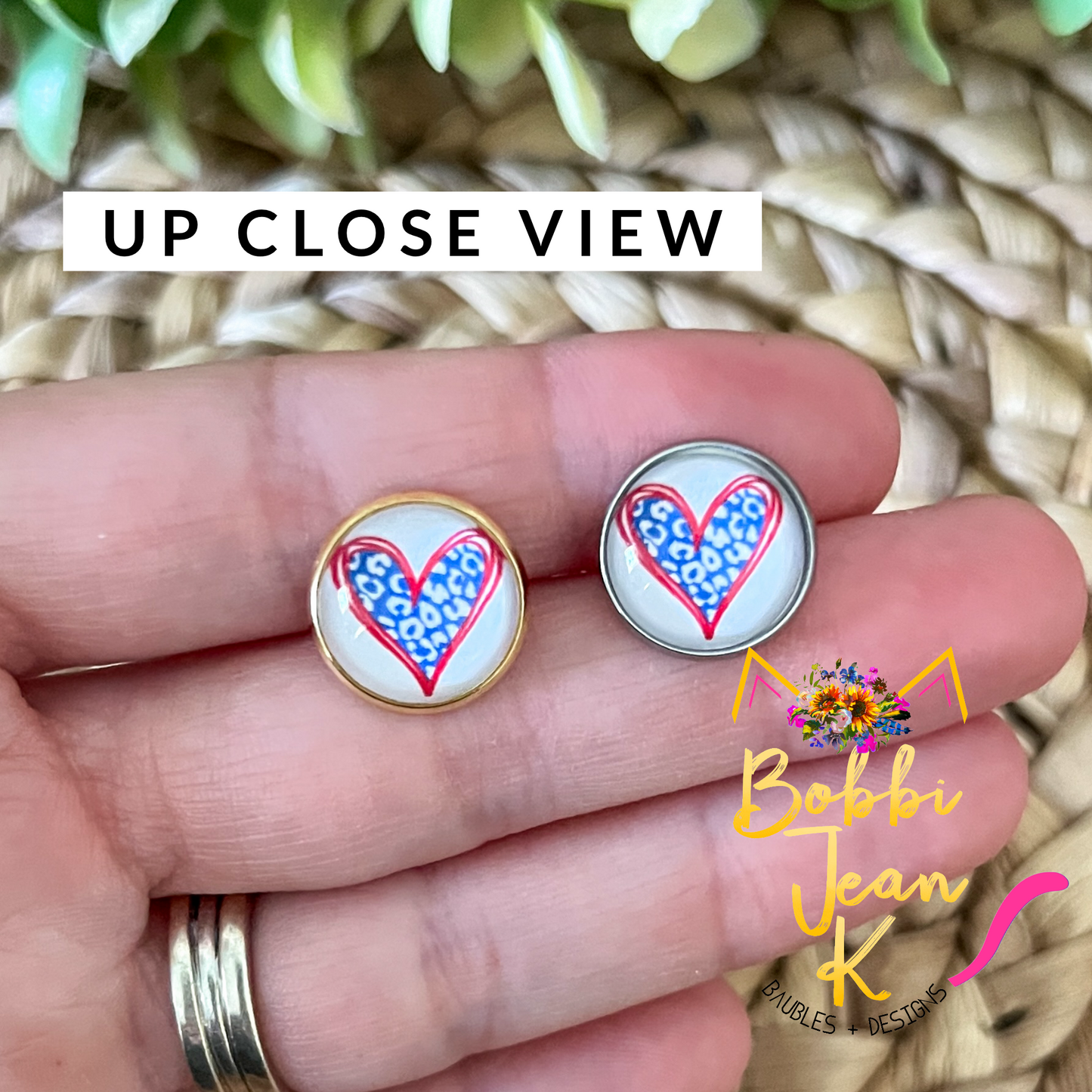 Blue Leopard Heart Glass Studs 12mm: Choose Silver or Gold Settings