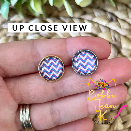 Patriotic Chevron Glass Studs 12mm: Choose Silver or Gold Settings