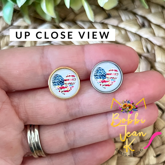 Patriotic Floral Heart Glass Studs 12mm: Choose Silver or Gold Settings