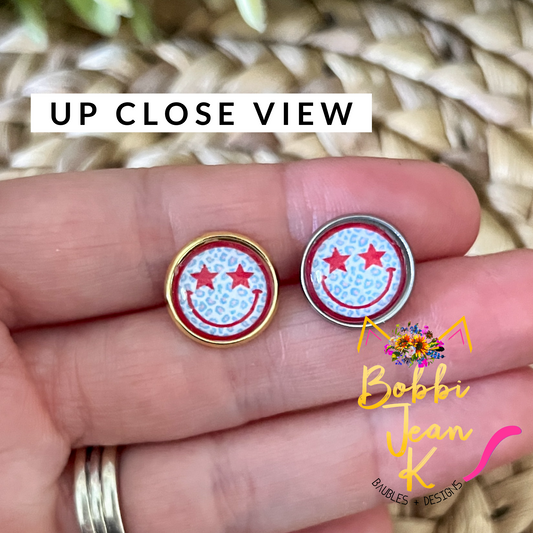 Star Smile Face Glass Studs 12mm: Choose Silver or Gold Settings