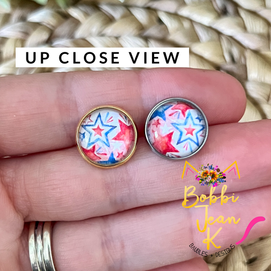 Watercolor Stars Glass Studs 12mm: Choose Silver or Gold Settings