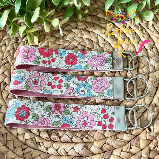 Floral Fabric Key Fob: Choose Silver, Gold, or Bronze Clasp