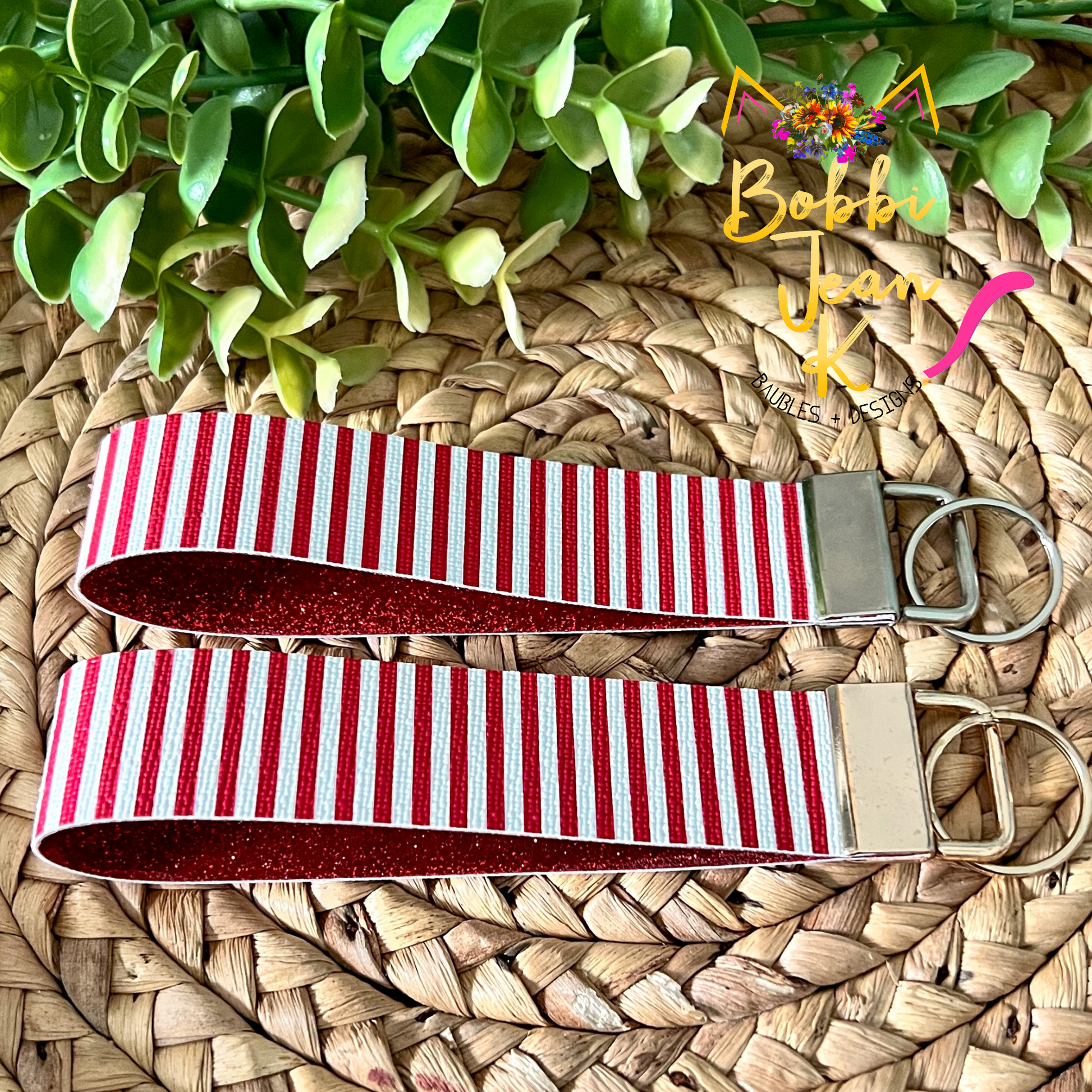 Red & White Striped Key Fob: Choose Silver or Gold Clasp
