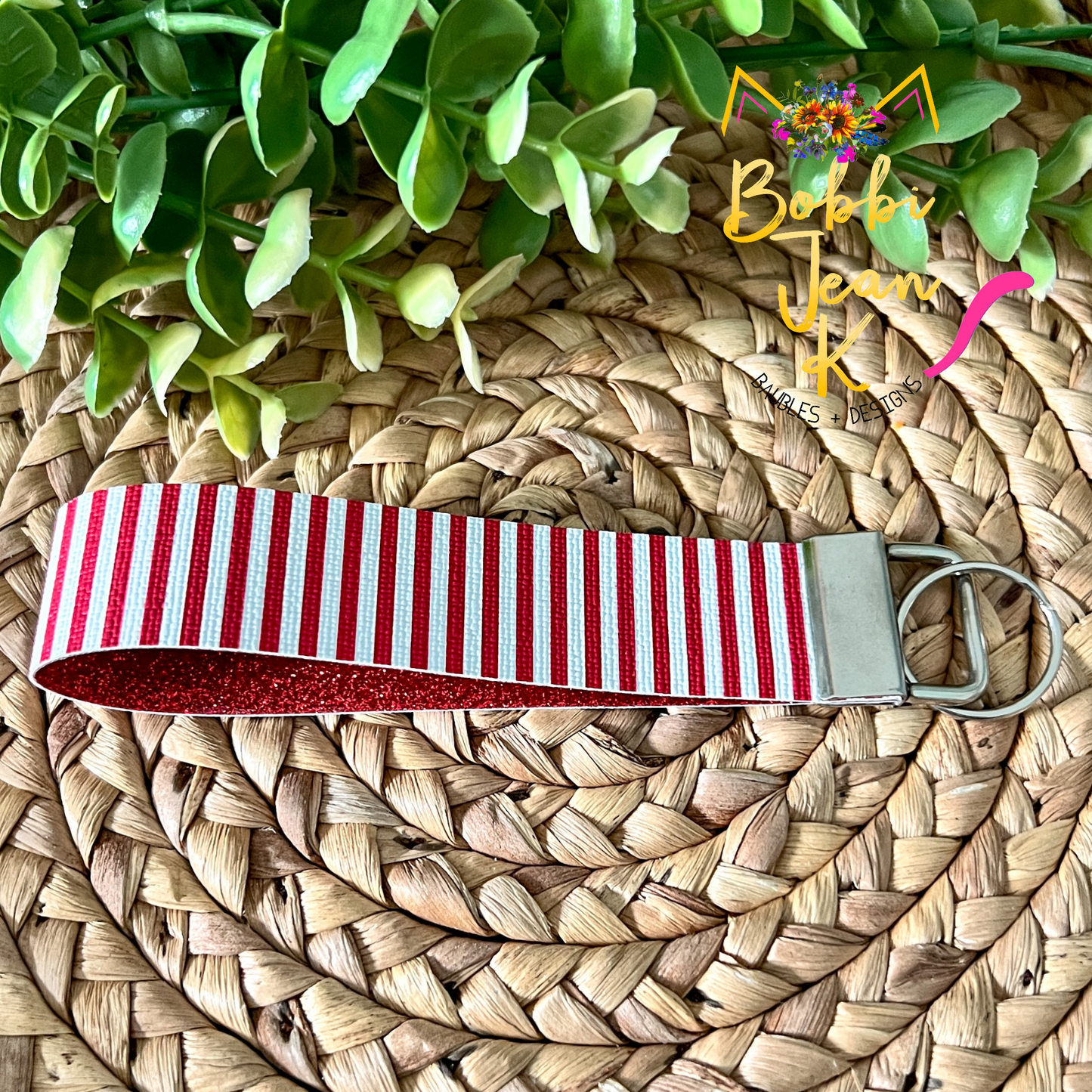 Red & White Striped Key Fob: Choose Silver or Gold Clasp