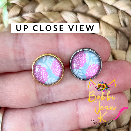 Pink & Gray Floral Glass Studs 12mm: Choose Silver or Gold Settings