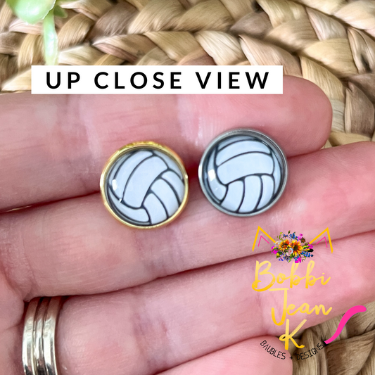 Volleyball Glass Studs 12mm: Choose Silver or Gold Settings