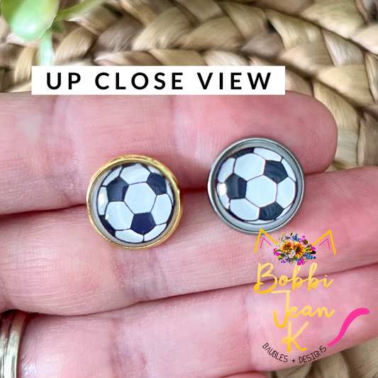 Soccer Ball (Style 1) Glass Studs 12mm: Choose Silver or Gold Settings - LAST CHANCE