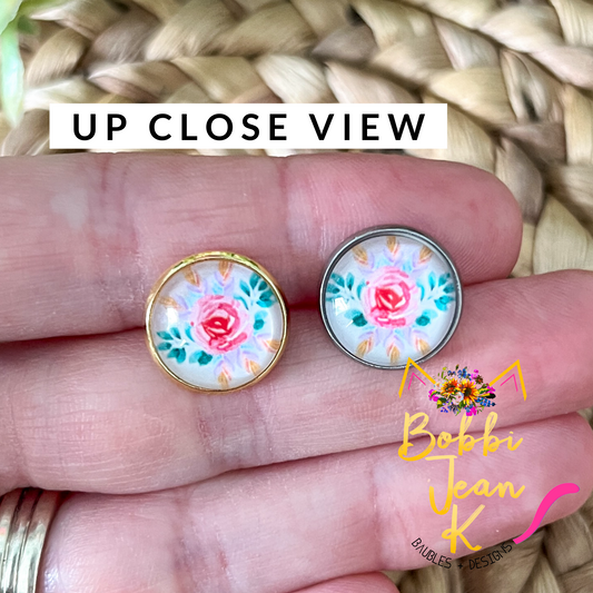 Petite Rose Glass Studs 12mm: Choose Silver or Gold Settings