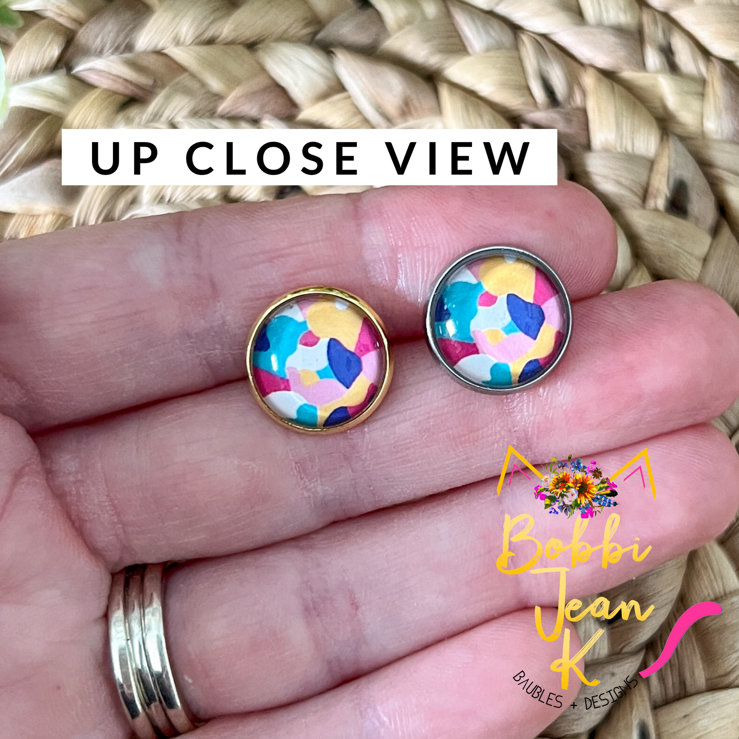 Colorful Camo Glass Studs 12mm: Choose Silver or Gold Settings - LAST CHANCE