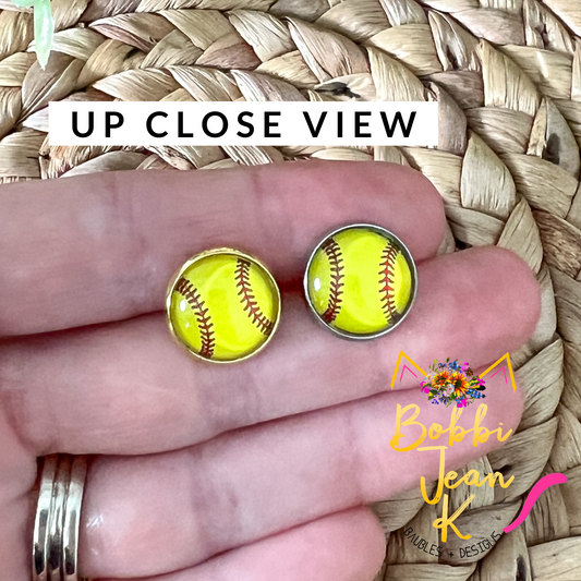 Bright Yellow Softball Glass Studs 12mm: Choose Silver or Gold Settings - ONLY ONE LEFT