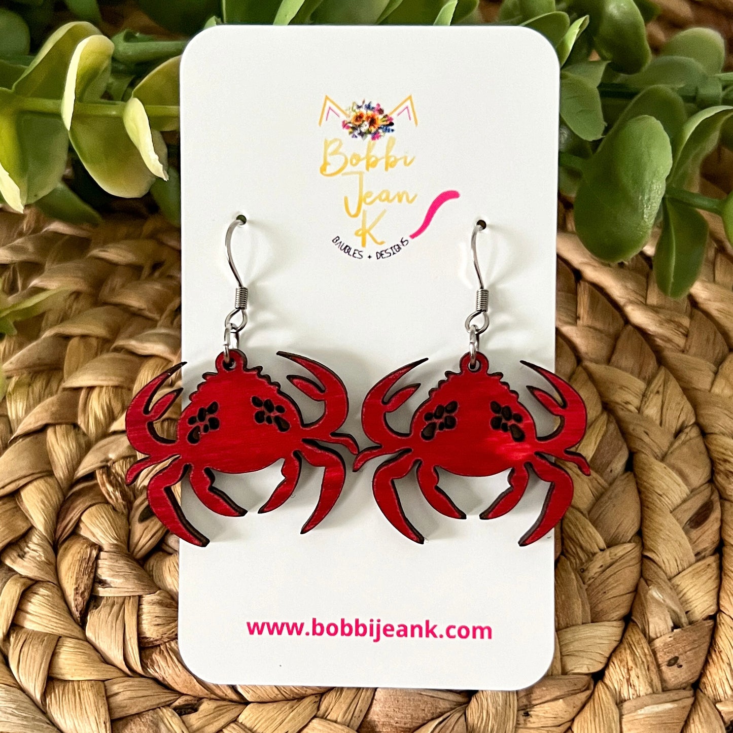 Red or Blue Crab Dyed Wood Earrings