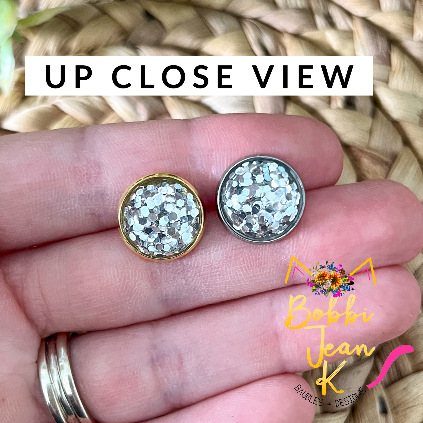 Silver Glitter Studs 12mm: Choose Silver or Gold Settings - LAST CHANCE