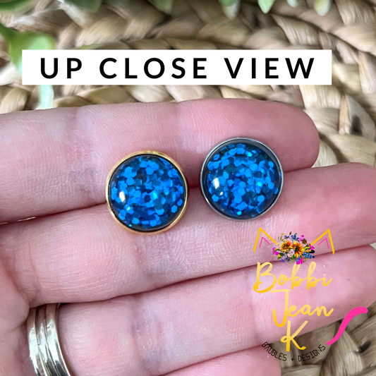 Blue Glitter Studs 12mm: Choose Silver or Gold Settings - LAST CHANCE