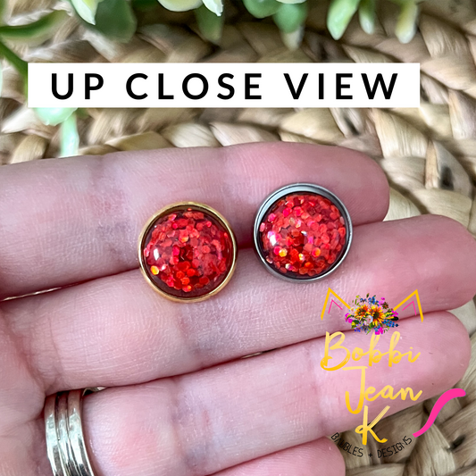 Red Glitter Studs 12mm: Choose Silver or Gold Settings - LAST CHANCE