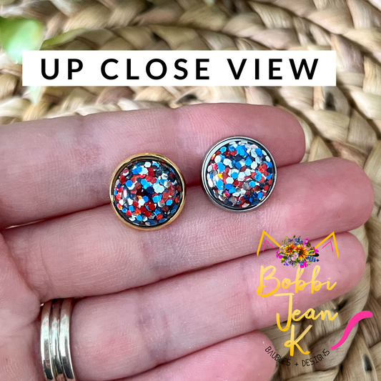 Red/Blue/Silver Glitter Studs 12mm: Choose Silver or Gold Settings - LAST CHANCE