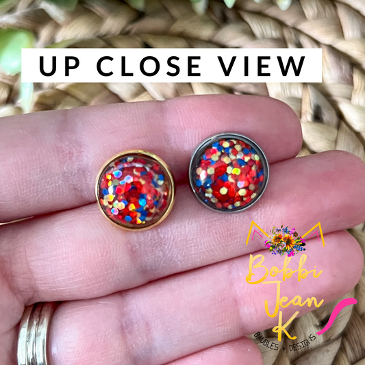 Red/Blue/Gold Glitter Studs 12mm: Choose Silver or Gold Settings - LAST CHANCE