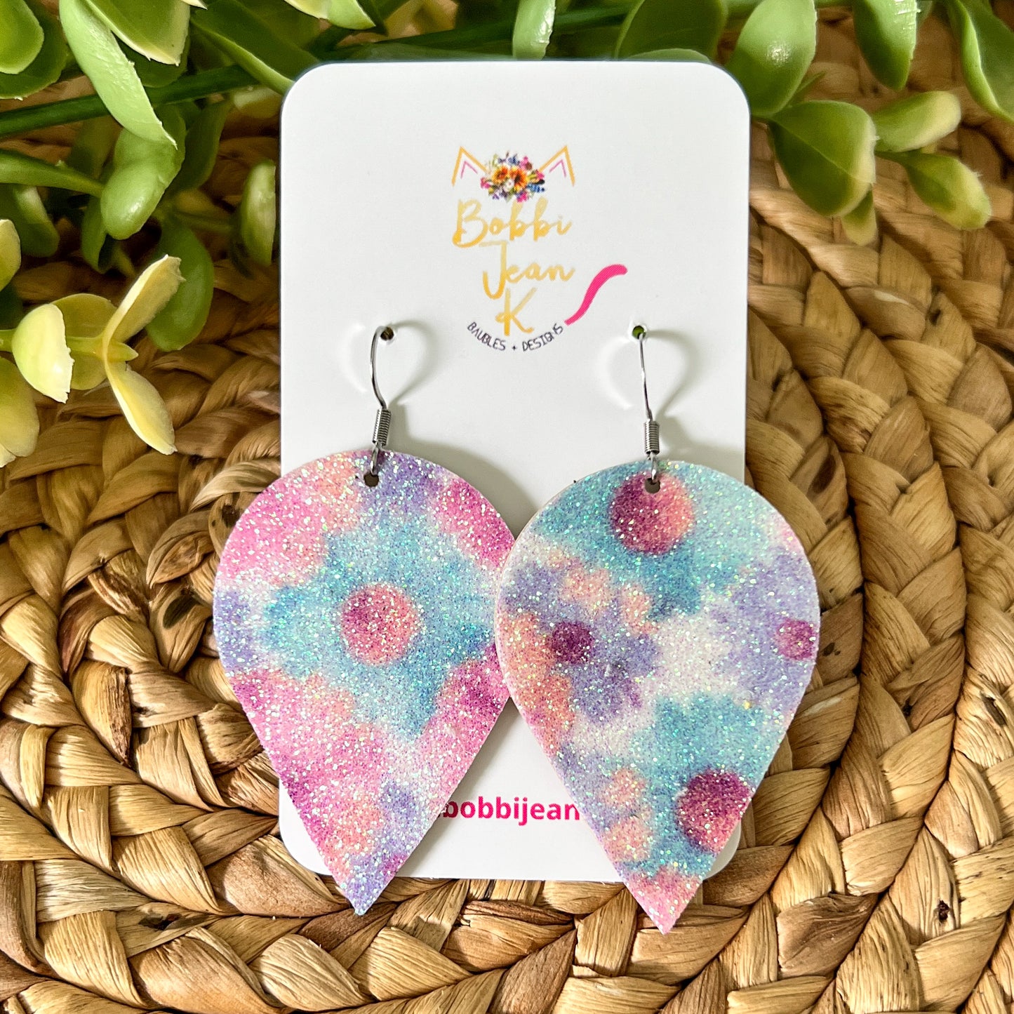 Infused Glitter Floral Printed Inverted Teardrop Leather Earrings - LAST CHANCE