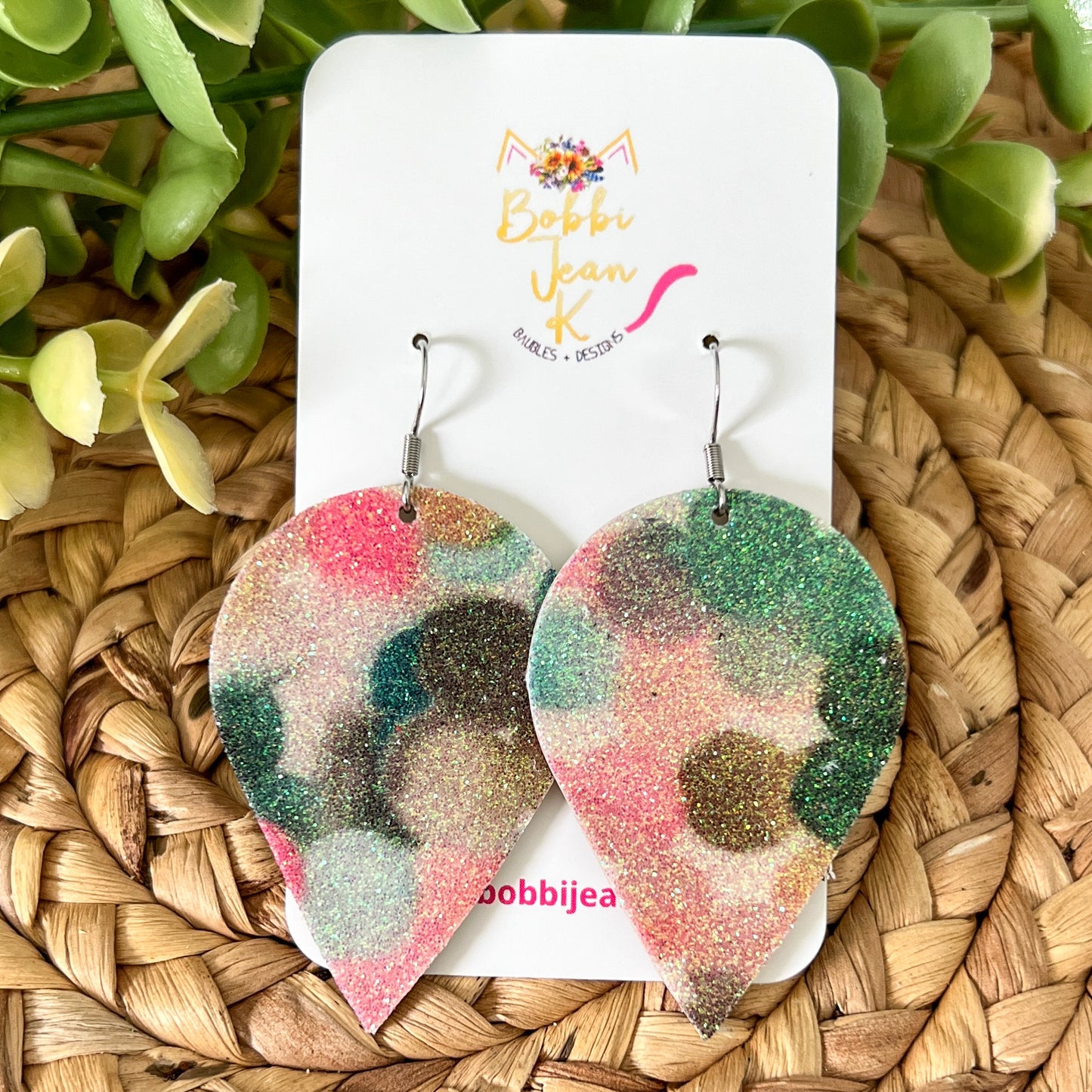 Infused Glitter Pink & Green Inverted Teardrop Leather Earrings - LAST CHANCE
