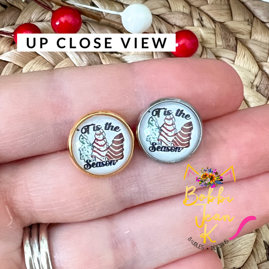 Tis the Season Snack Cake Glass Studs 12mm: OPEN ITEM TO CHOOSE SILVER OR GOLD SETTINGS