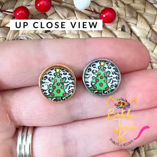 Leopard & Polka Dot Tree Glass Studs 12mm: OPEN ITEM TO CHOOSE SILVER OR GOLD SETTINGS