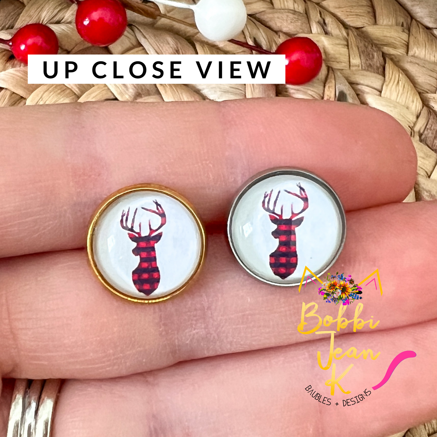 Plaid Deer Glass Studs 12mm: OPEN ITEM TO CHOOSE SILVER OR GOLD SETTINGS