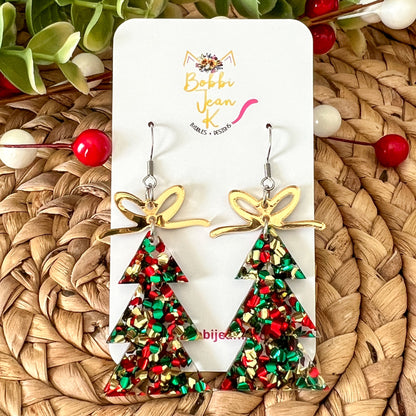 Holiday Cheer Glittered Acrylic Traditional Tree Earrings: Choose from 3 Bow Color Options