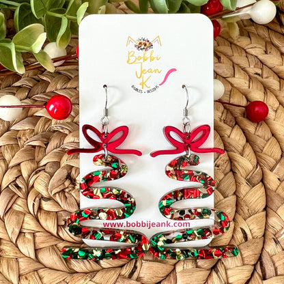 Holiday Cheer Glittered Acrylic Swirl Tree Earrings: Choose from 3 Bow Color Options