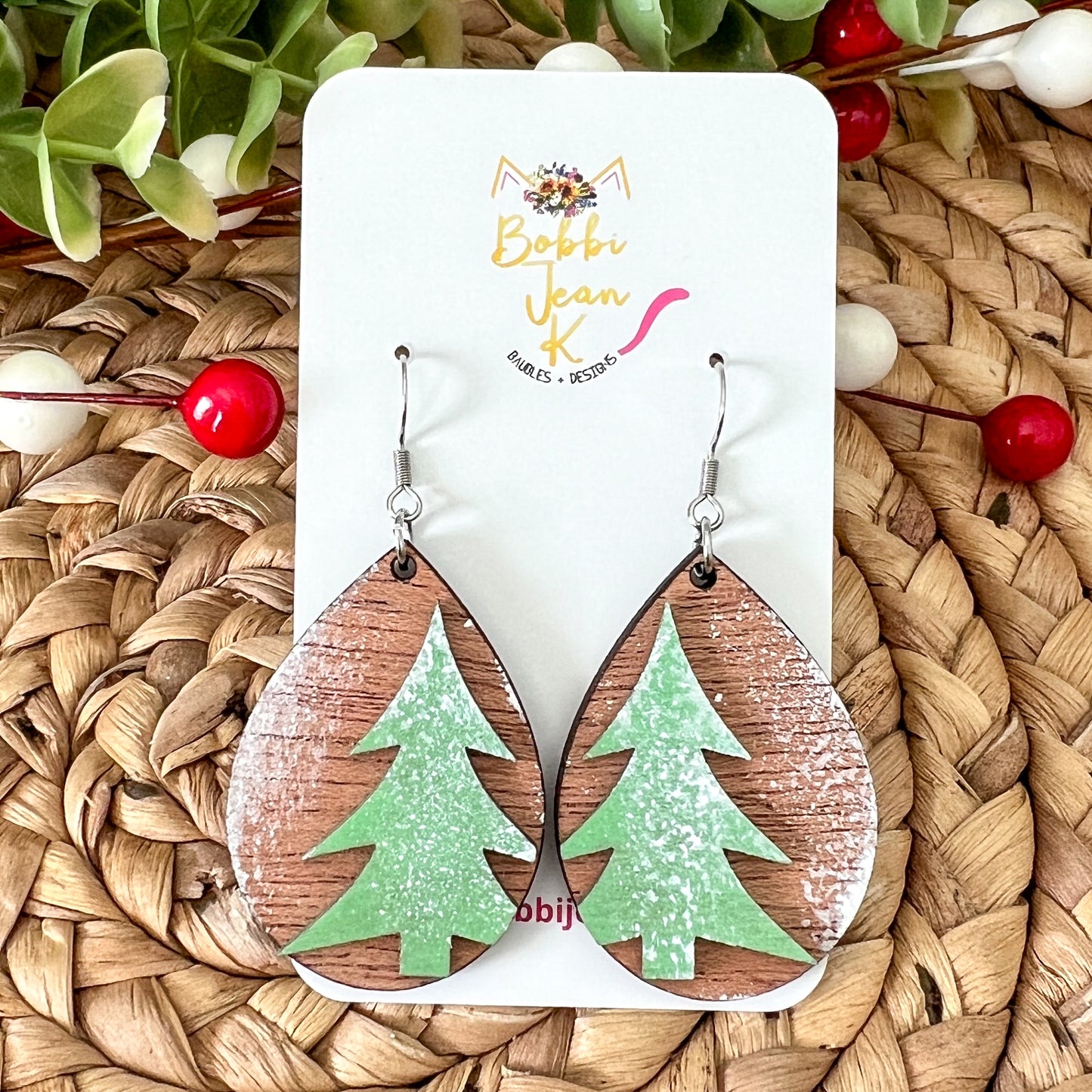 Winter Tree Mahogany Wood Earrings: Choose Faux Snow Type