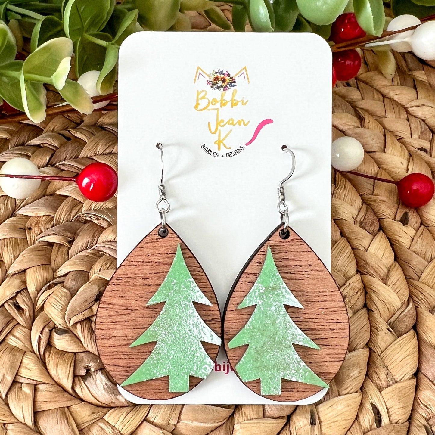 Winter Tree Mahogany Wood Earrings: Choose Faux Snow Type