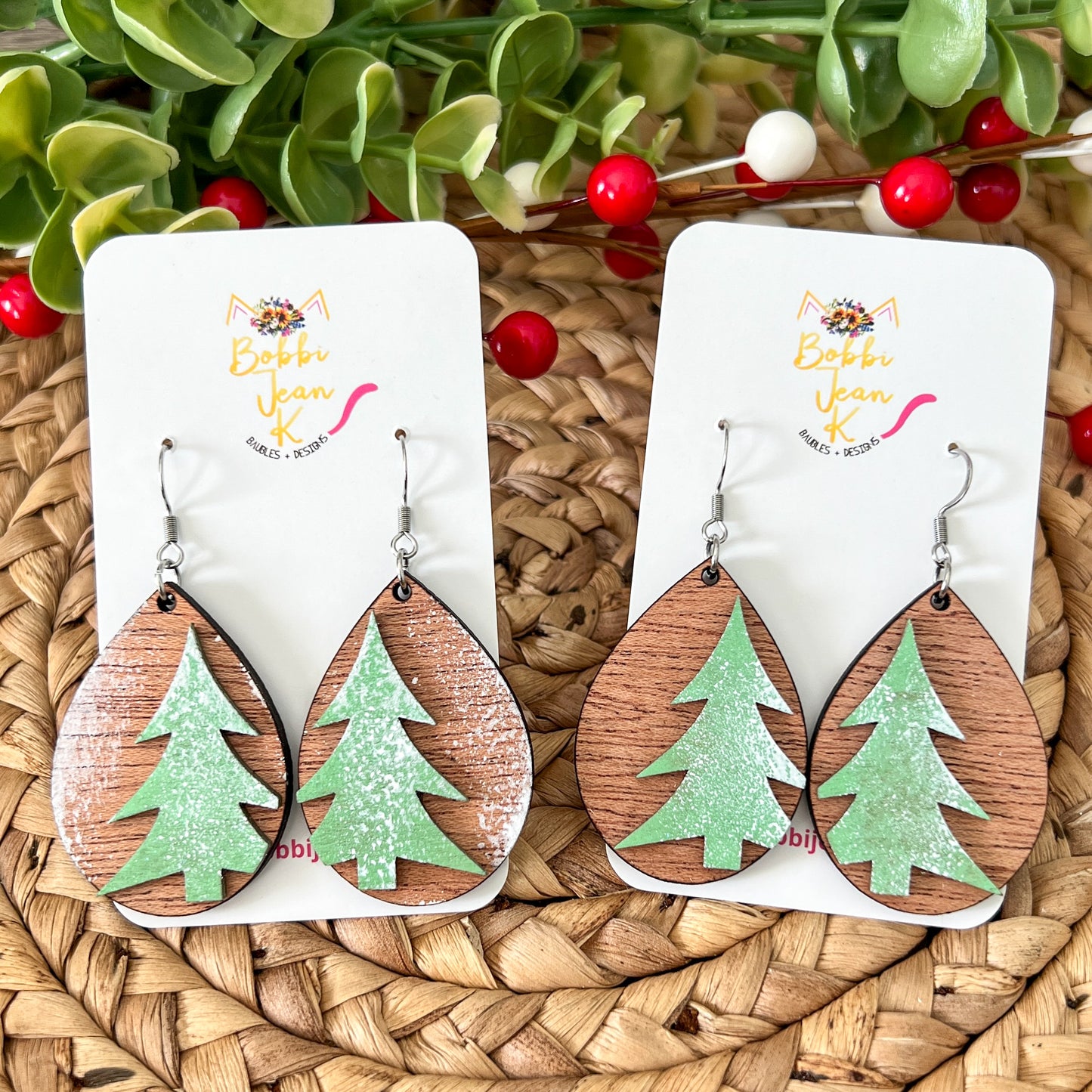 Winter Tree Mahogany Wood Earrings: Choose Faux Snow Type