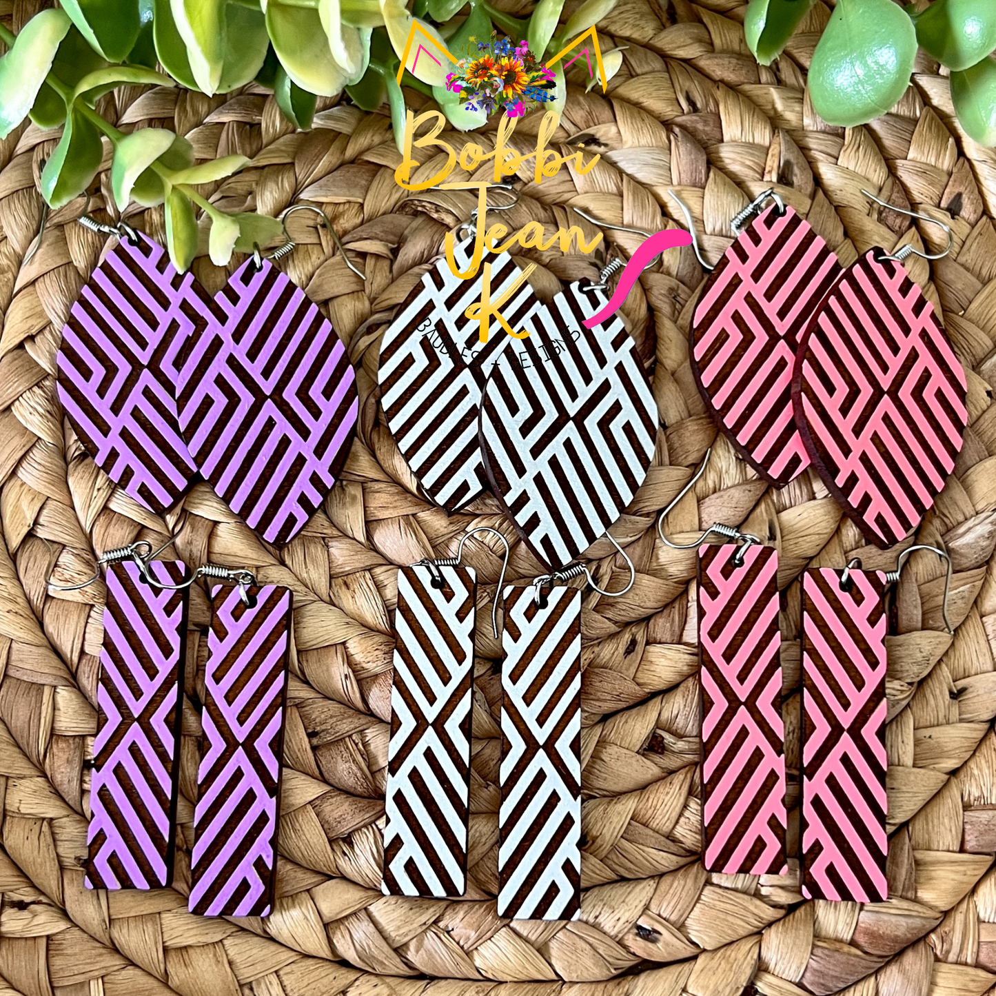 Hand Painted Geometric Bar Wood Earrings: Choose From 3 Color Options