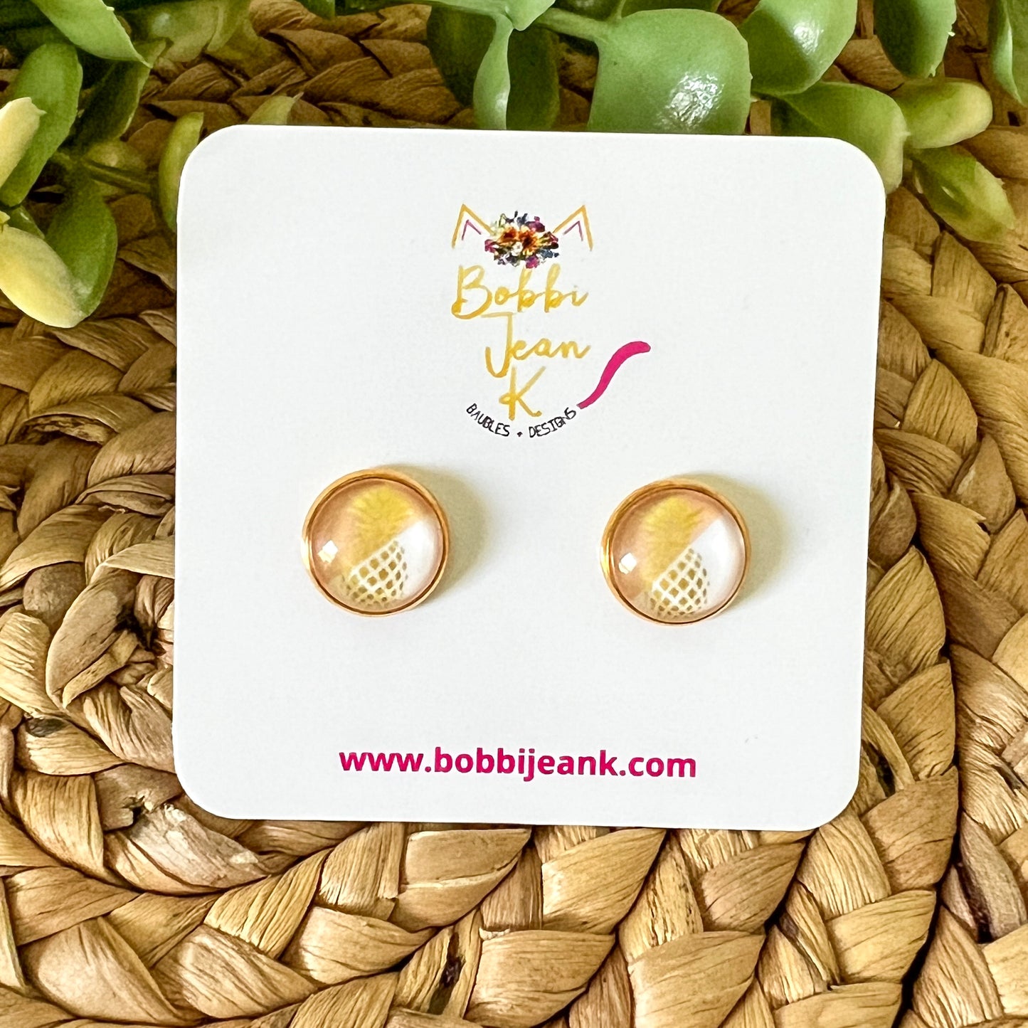 Golden Pineapple Glass Studs 12mm: Choose Silver or Gold Settings
