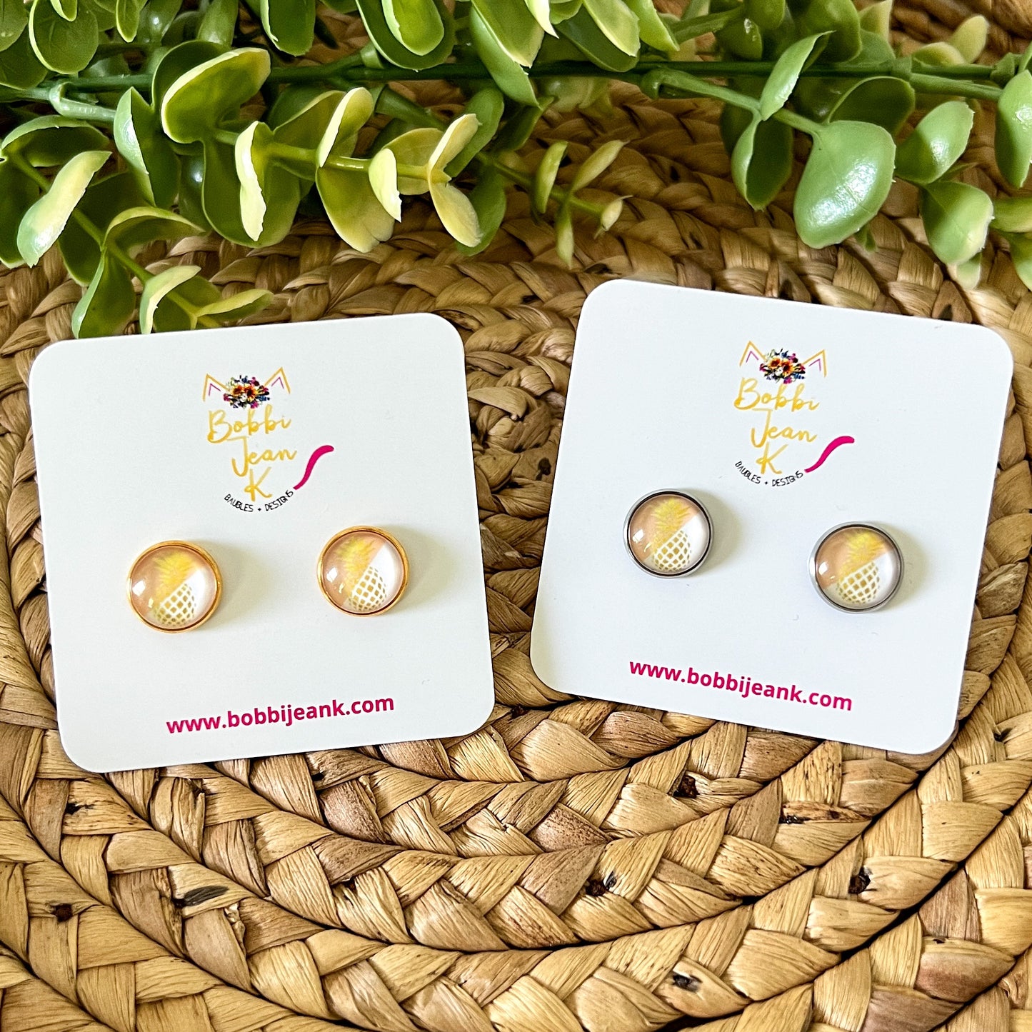 Golden Pineapple Glass Studs 12mm: Choose Silver or Gold Settings